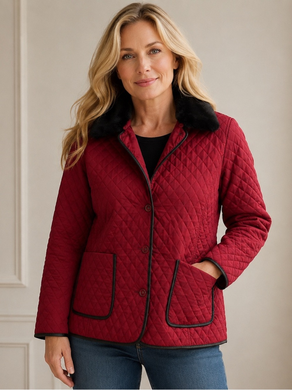Charter Club Red Quilted Jacket with Black Collar